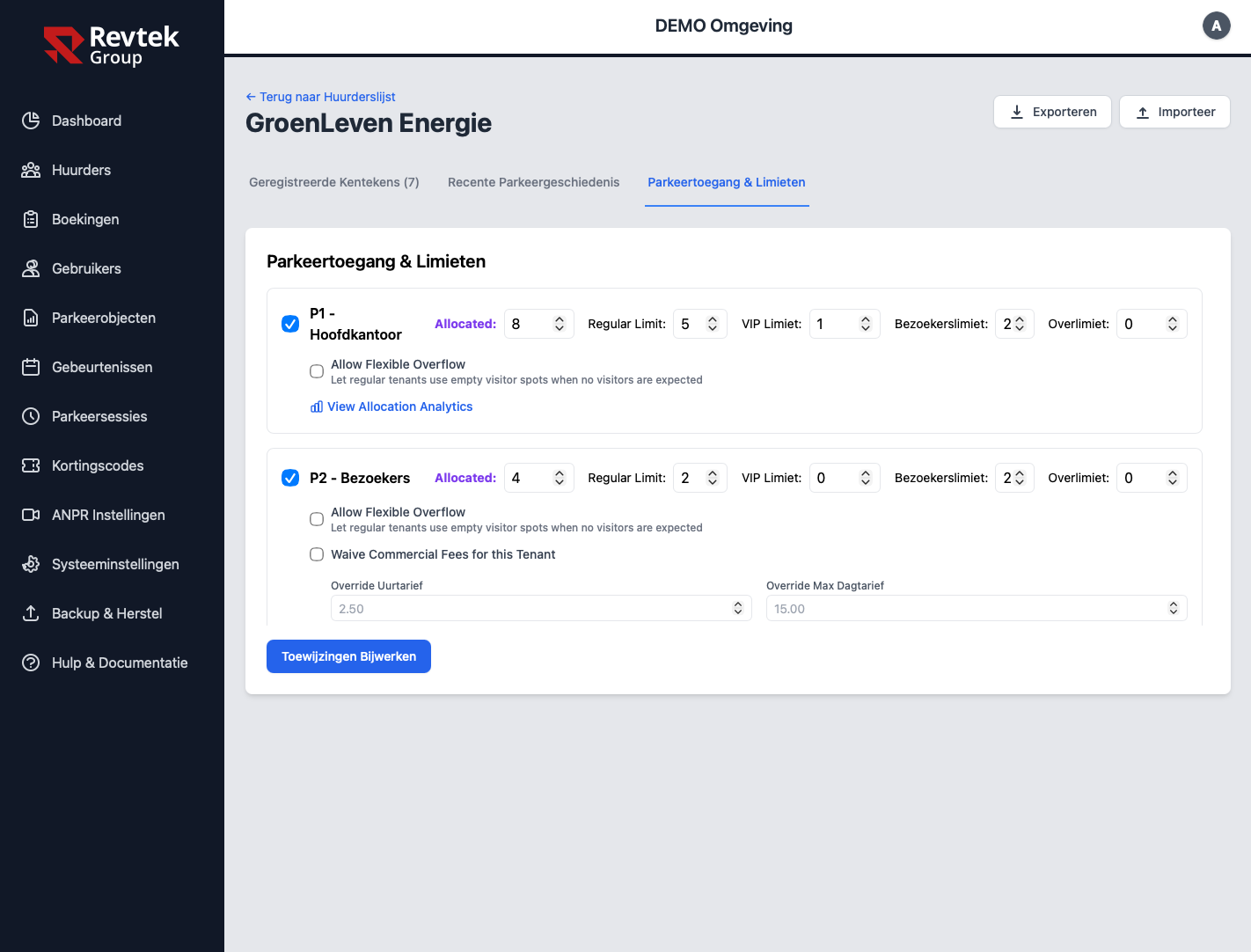 Parkeertoegang en limieten per huurder